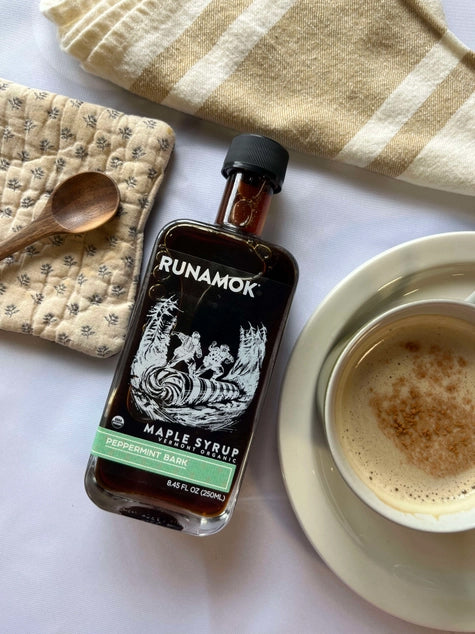 runamok peppermint bark maple syrup jar and latte