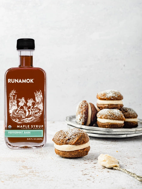 runamok peppermint bark maple syrup jar and dessert