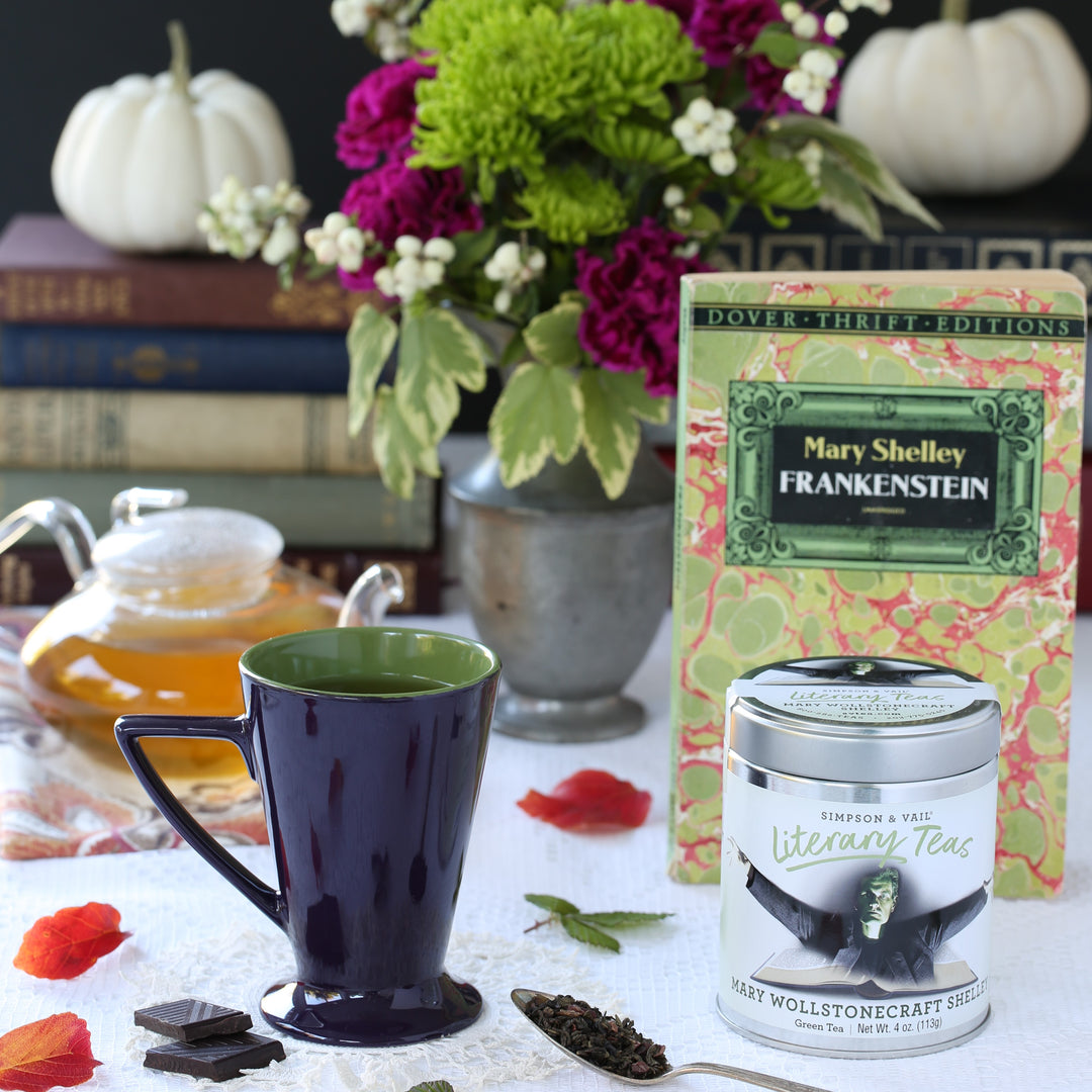 Mary Shelley's Green Tea Blend w/ Brewed Tea and Frankenstein Novel