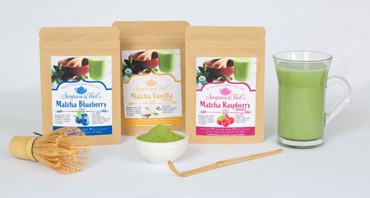 Matcha Collection Group Shot with Matcha Whisk, Scoop and Brewed Matcha