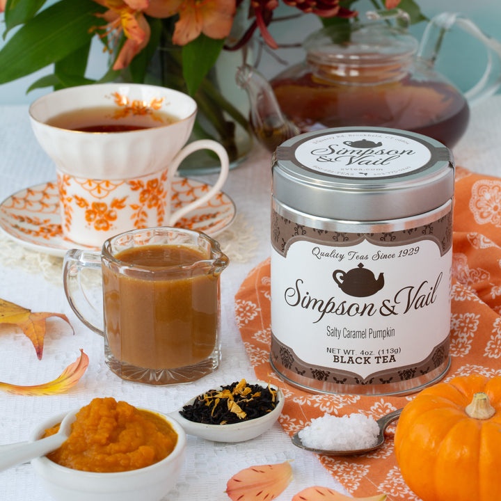 salty caramel pumpkin tea tin and scene