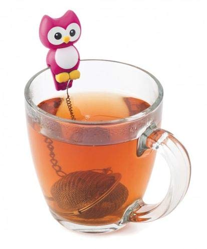 Pink Owl Teaball with Brewed Tea in Glass Tea Cup