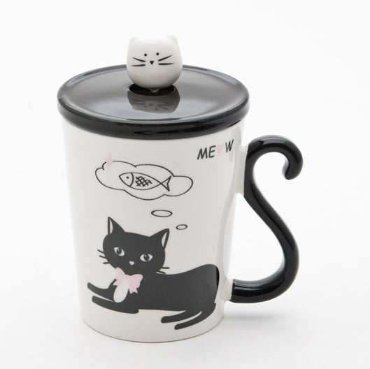 Cat Mug - Meow - Fish with Black Tail Handle & Cat Spoon