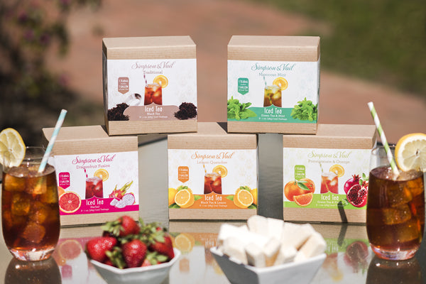 Iced Teabags Collection Displayed with Brewed Iced Tea