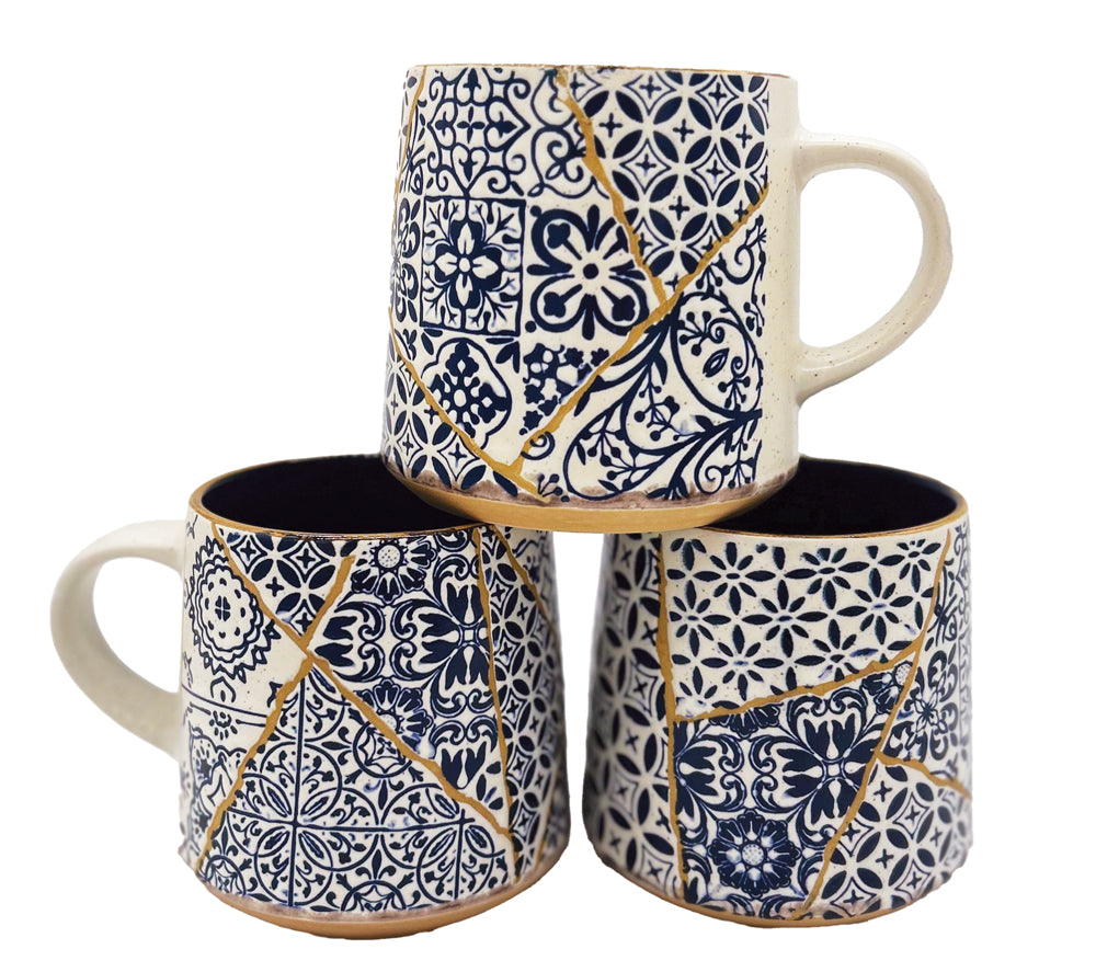 blue patterned ceramic mugs 