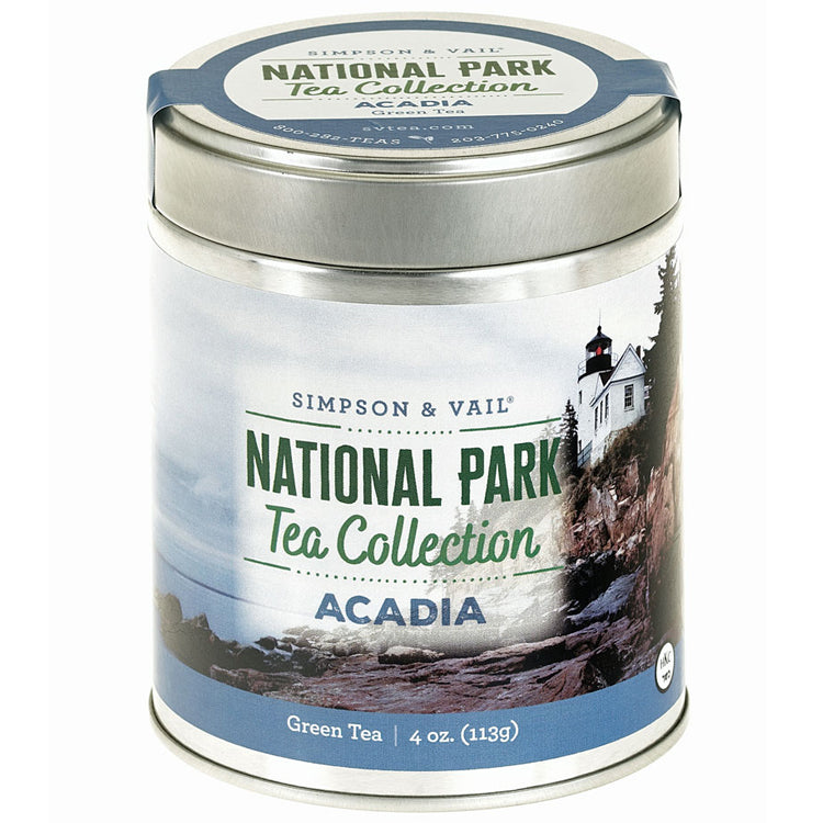 Tin of acadia green tea - loose leaf tea blend