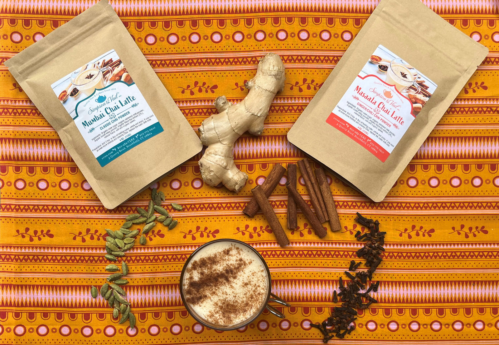 Masaala Chai and Mumbai Chai Latte Packets with herbs and brewed latte