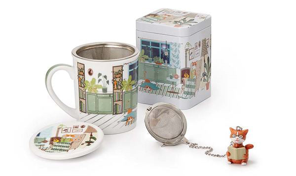 Cozy Cat Tea mug, tea tin and teaball