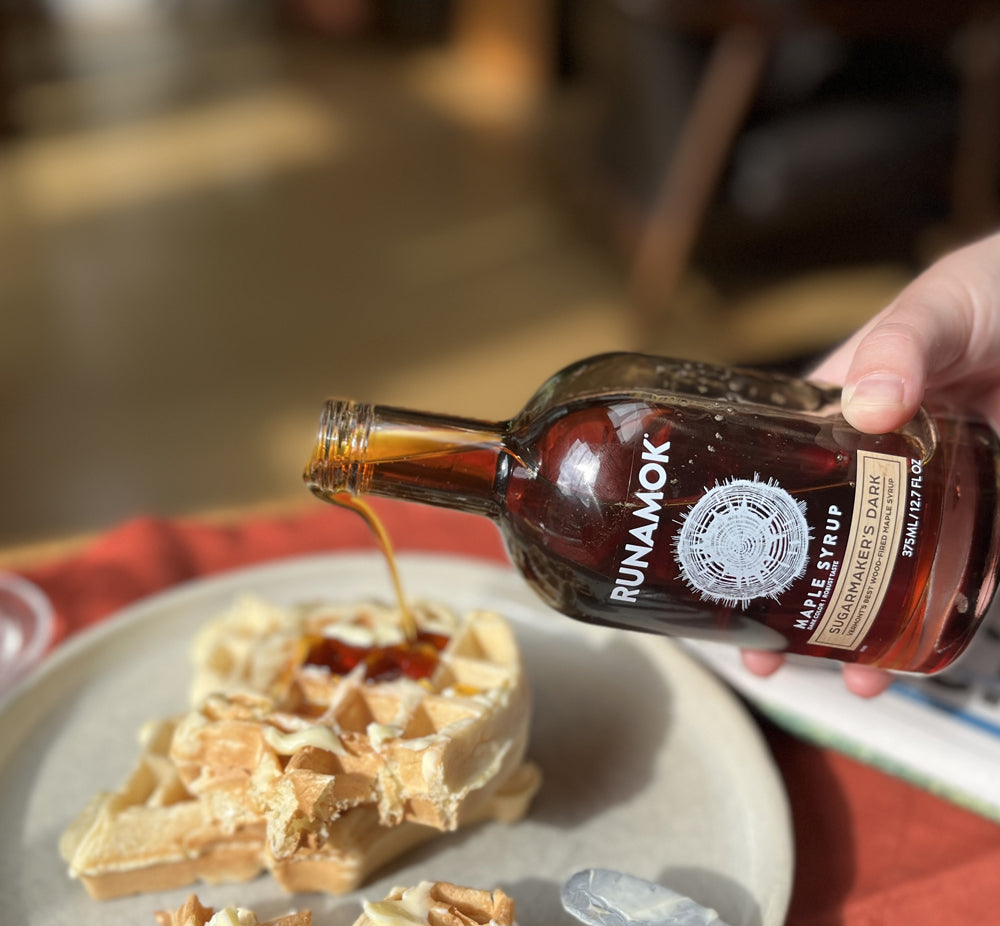 runamok maple syrup pouring on waffles 
