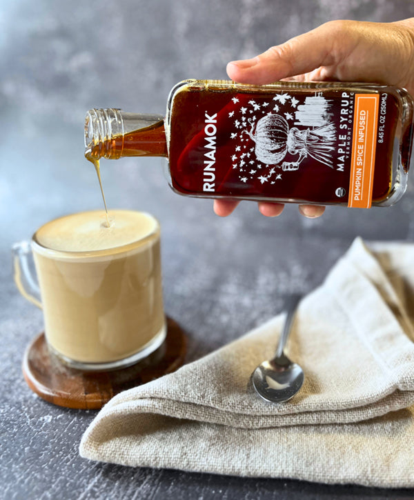 runamok pumpkin spice infused maple syrup jar pouring into latte 