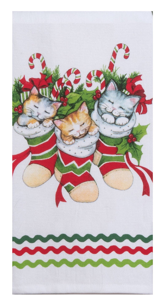 cats in stockings holiday tea towel