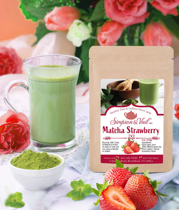 Matcha Strawberry packet w/ strawberries, bowl of matcha powder and brewed matcha