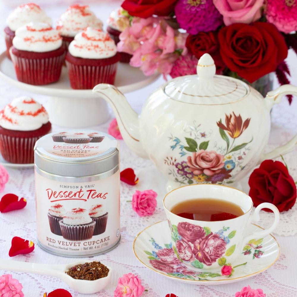 Red Velvet Rooibos Tea Scene with Teapot and Cupcakes 