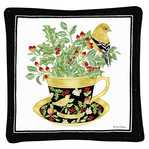 bird and holly in black tea cut spiced mug mat 