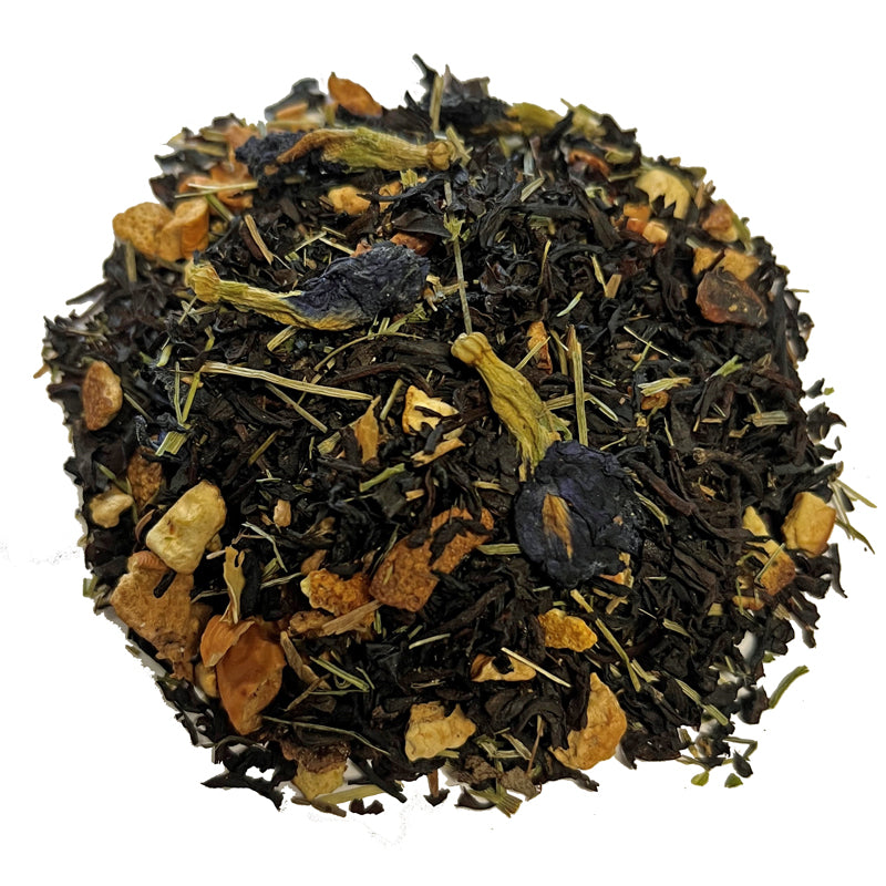 Tea leaves with visible herbs and flowers on a white background