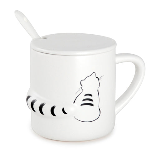 white cat mug with lid and spoon 