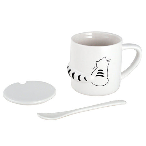 White Cat Mug with Lid & Spoon