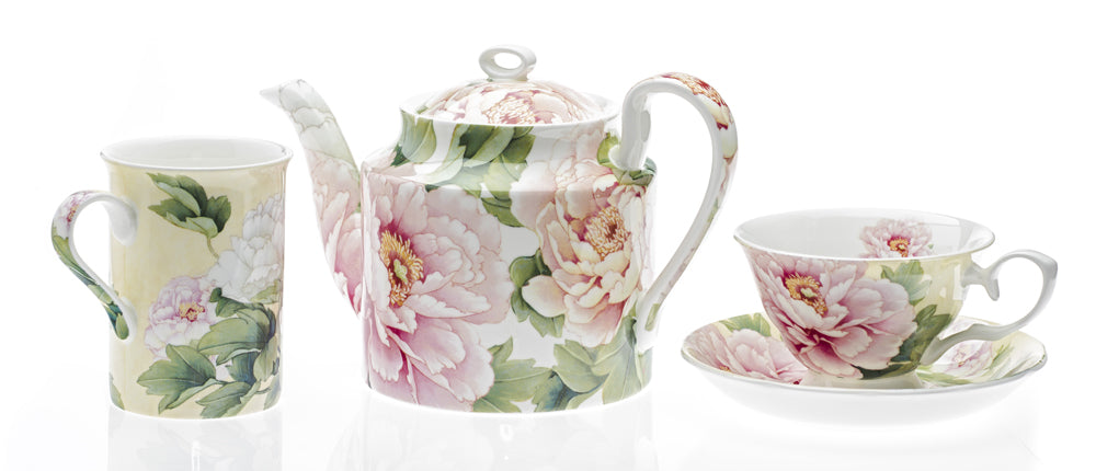 Peony Teacup and Saucer with Peony Teapot and Peony Mug