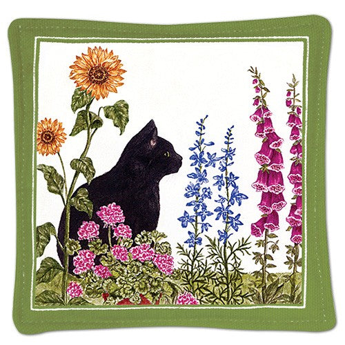 black cat in garden spiced mug mat